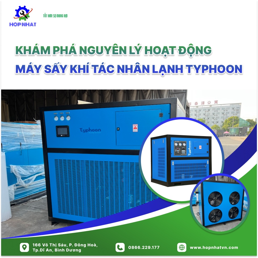 <p style="text-align: justify;"><span style="font-size:16px;"><em>Máy sấy khí tác nhân lạnh  là một trong những thiết bị không thể thiếu trong các hệ thống khí nén, giúp tách ẩm và làm khô khí nén, bảo vệ thiết bị và máy móc khỏi sự ăn mòn và hư hỏng. Trong đó, máy sấy khí tác nhân lạnh TYPHOON là một trong những dòng sản phẩm hiện đại, ứng dụng công nghệ tiên tiến để đảm bảo hiệu suất làm việc cao. Vậy, máy sấy khí tác nhân lạnh TYPHOON hoạt động như thế nào? Hãy cùng tìm hiểu qua bài viết dưới đây.</em></span></p>